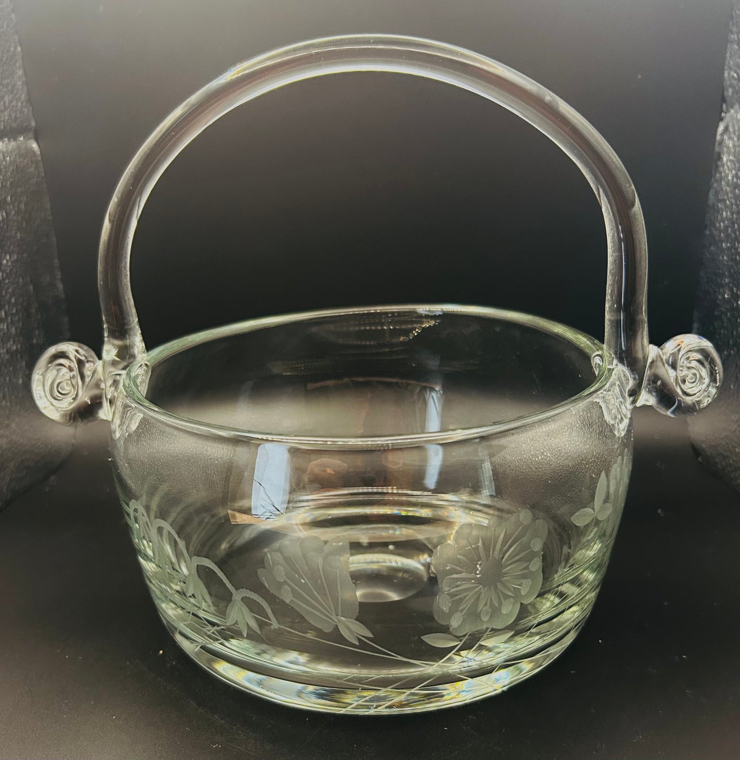 Vintage Crystal 6" Etched Glass Bowl with Handle