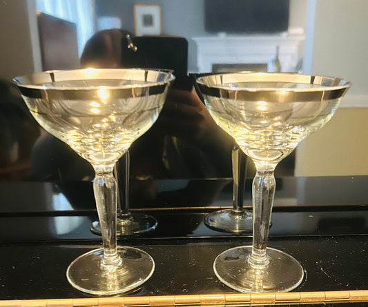 Vintage Art Deco Double Silver Banded Champagne Coupes - set of 2