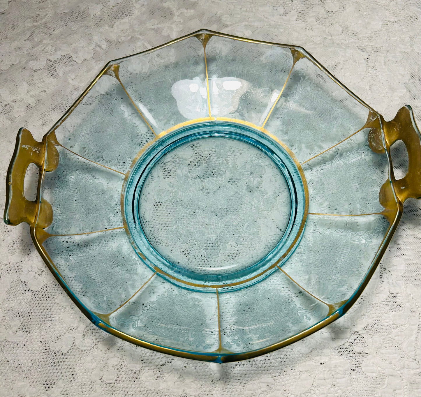 Vintage Double Handle Depression Glass Serving Plate w/ Gold Accents