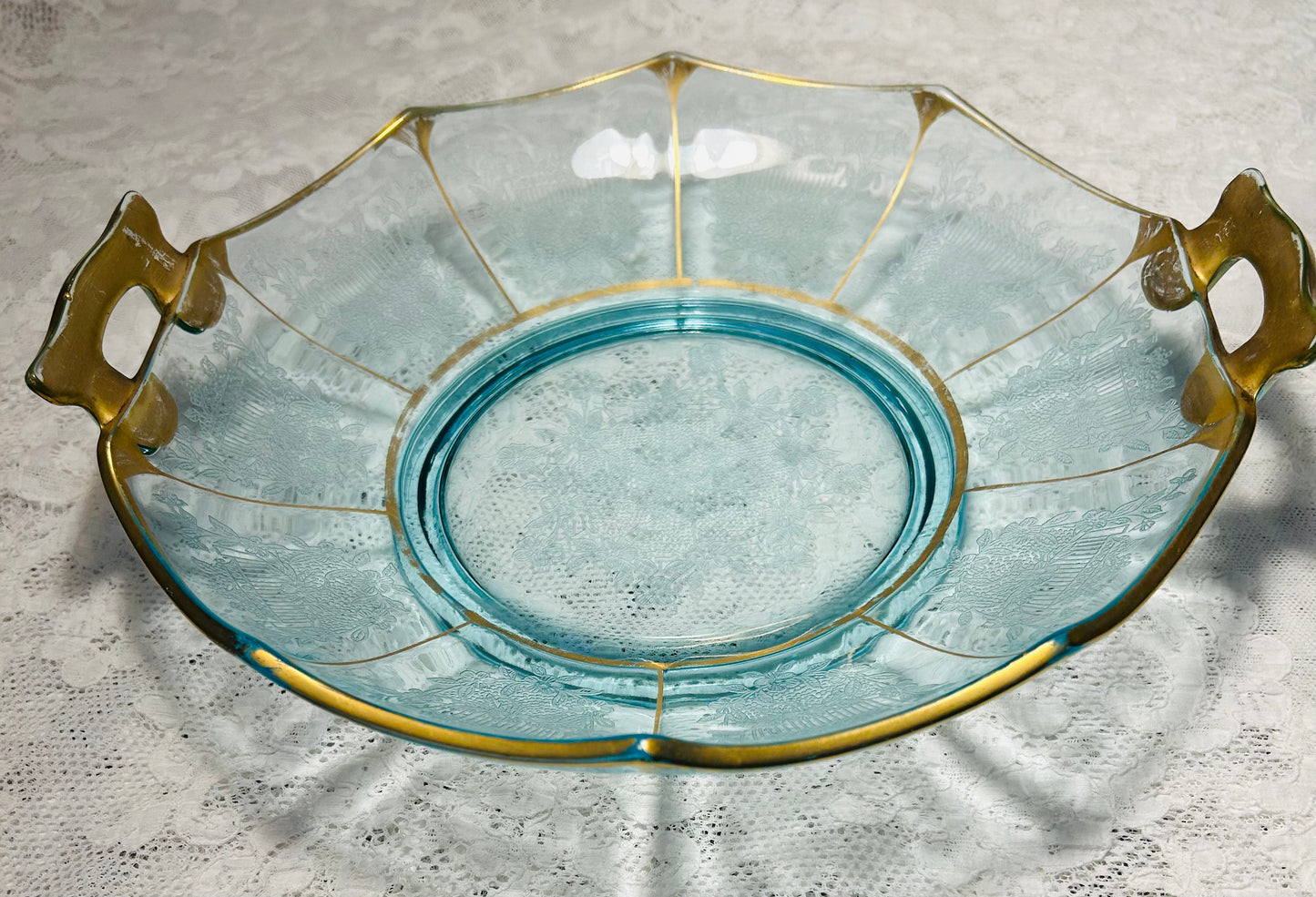 Vintage Double Handle Depression Glass Serving Plate w/ Gold Accents