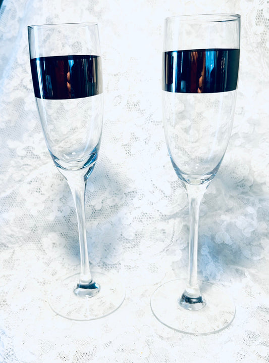 Vintage Platinum Band Champagne Flute Glasses - Set of 2