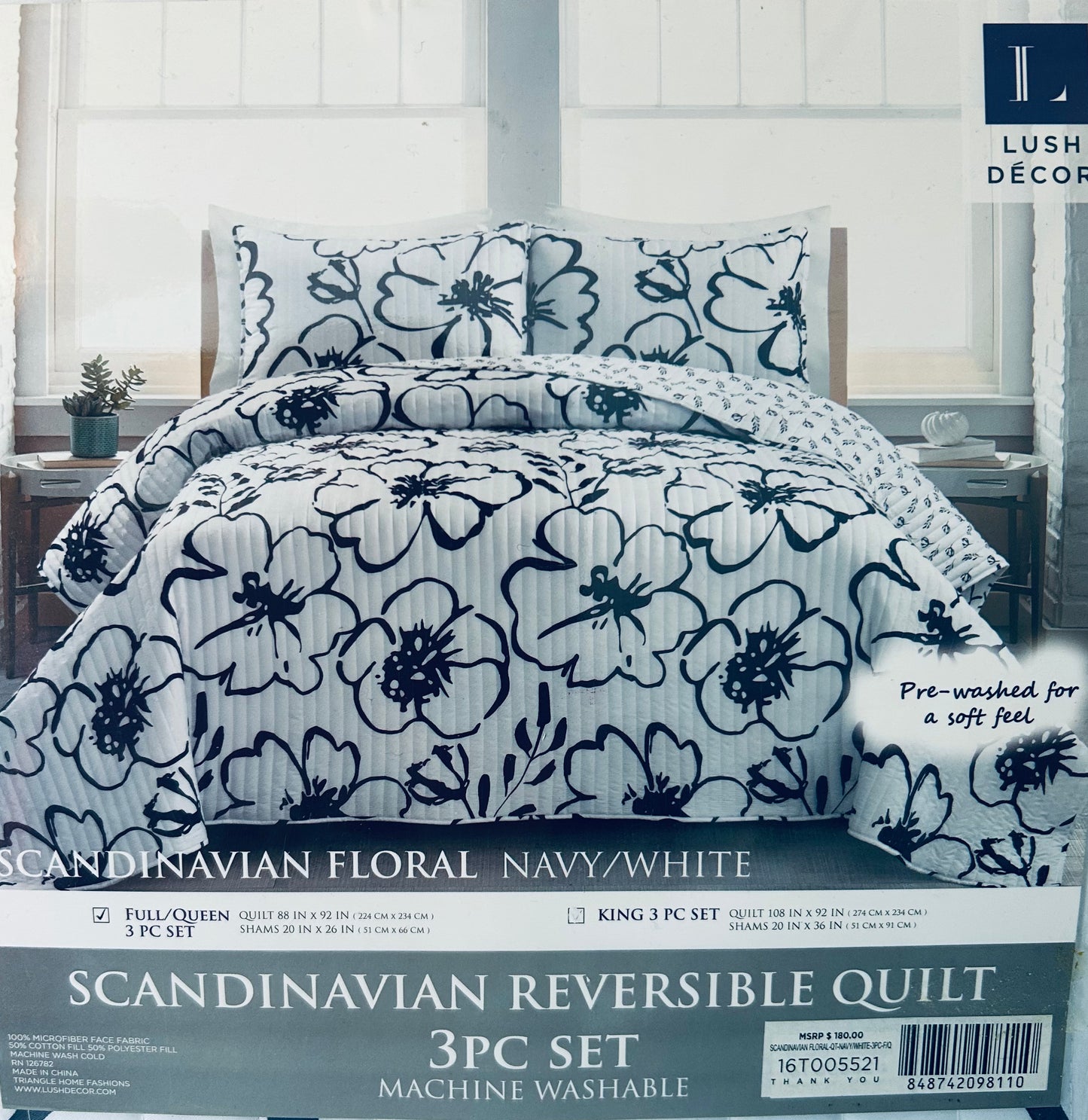 Lush Decor Scandinavian Reversible Quilt 3 Pc Set Full/Queen - Navy/White